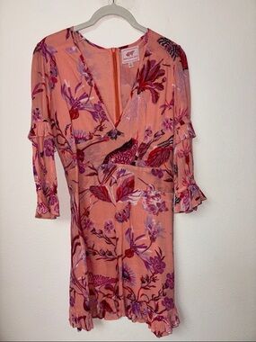 Banjanan Coral Pink Floral V-Neck Ruffle Dress size S